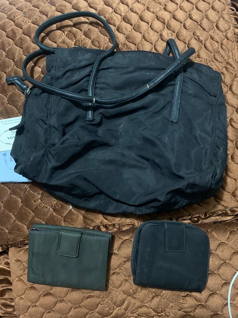 Prada nylon bag and wallets (project bag and wallet) (Category: Luxury Bags & Wallets) located in Quezon City. Submitted by maefurio (Listing ID 1180789927, Image 2). Description: ✅ 100% authentic money back if proven fake ✅ everything needs to be repair: 1 hand bag with long strap (strap needs repair) 1 short wallet (green) need recoloring 1 short wallet (black) zipper need to be fix and recolor ✅ FOR TAKE ALL ONLY .