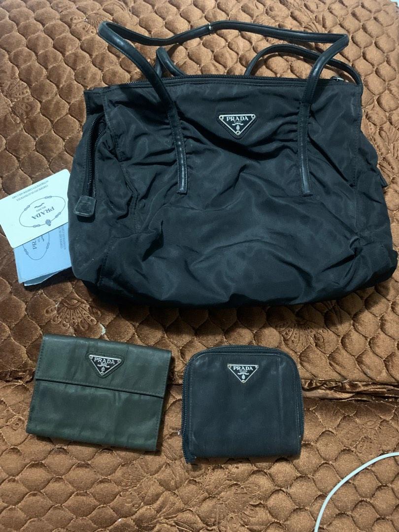 Prada nylon bag and wallets (project bag and wallet) (Category: Luxury Bags & Wallets) located in Quezon City. Submitted by maefurio (Listing ID 1180789927, Image 1). Description: ✅ 100% authentic money back if proven fake ✅ everything needs to be repair: 1 hand bag with long strap (strap needs repair) 1 short wallet (green) need recoloring 1 short wallet (black) zipper need to be fix and recolor ✅ FOR TAKE ALL ONLY .