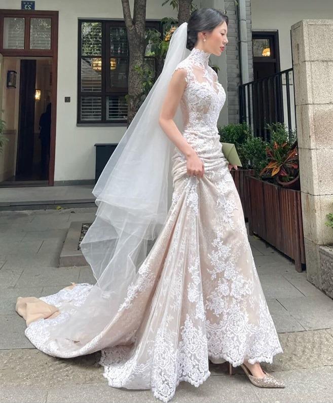 Pre order cheongsam cream lace mermaid bodycon fishtail wedding bridal prom dress gown RB2452