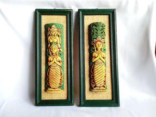 Vintage framed Ramayana sculptures from Bali (ID), clay on grass & wood, 1 pair, 13 in. L x 5 in. W x 1.25 in. thick, never used
