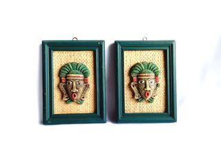 Vintage framed Topeng mask sculptures from Bali (ID), clay on grass & wood, 1 pair, 6.25 in. L x 4.75 in. W, never used