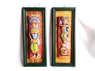 Vintage framed traditional dancers sculptures from Bali (ID), clay on rattan & wood, 1 pair, 13 in. L x 5 in. W x 1.25 in. thick, never used