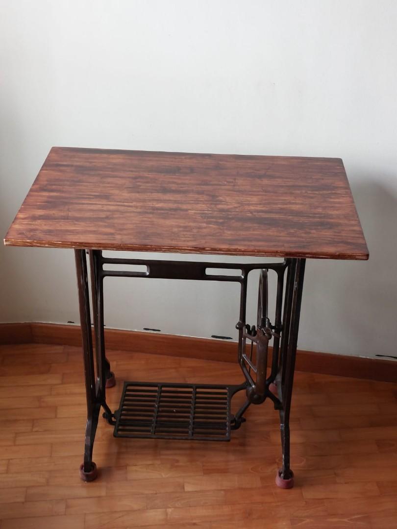 Vintage sew machine leg with wood tabletop, Furniture & Home Living