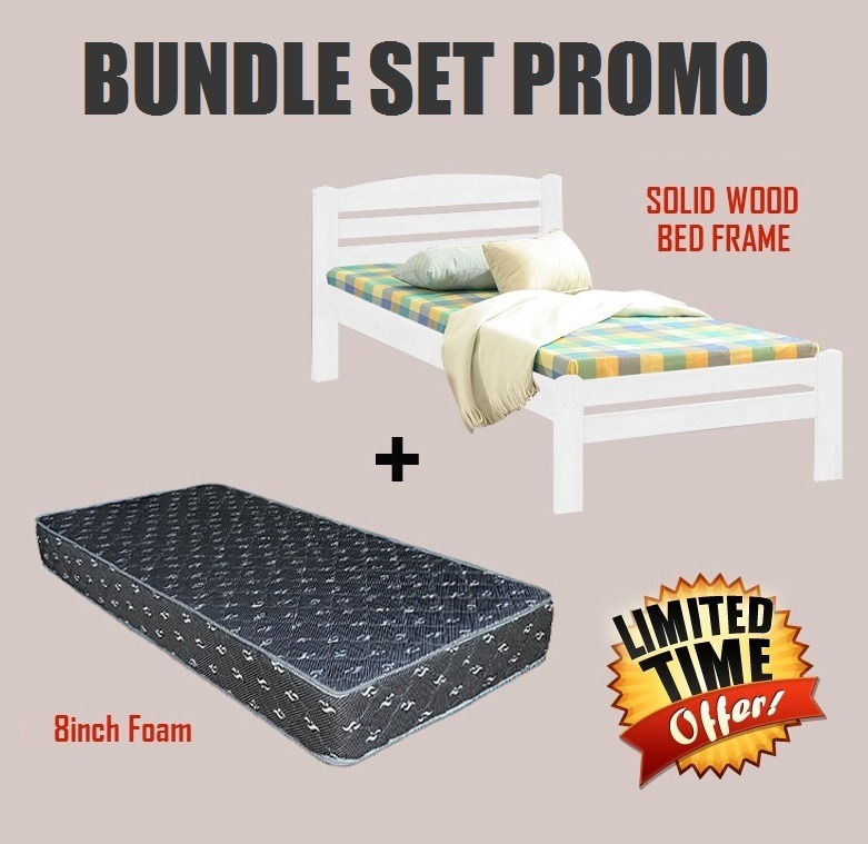 WHITE Single Solid Wooden Bed + 8" Foam Mattress, Furniture & Home