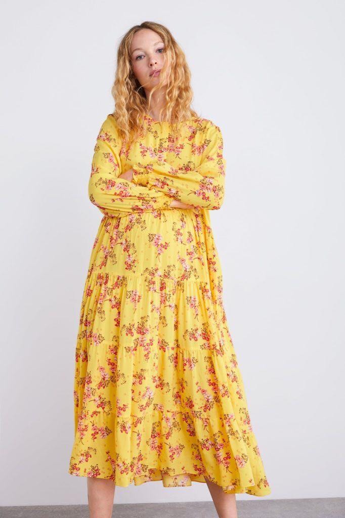 Zara floral maxi tiered dress long sleeve viscose, Women's Fashion