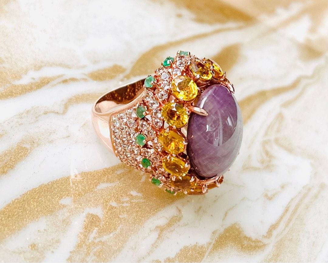 25 Unheated Star Ruby Cabochon Ring with Yellow Sapphire sides