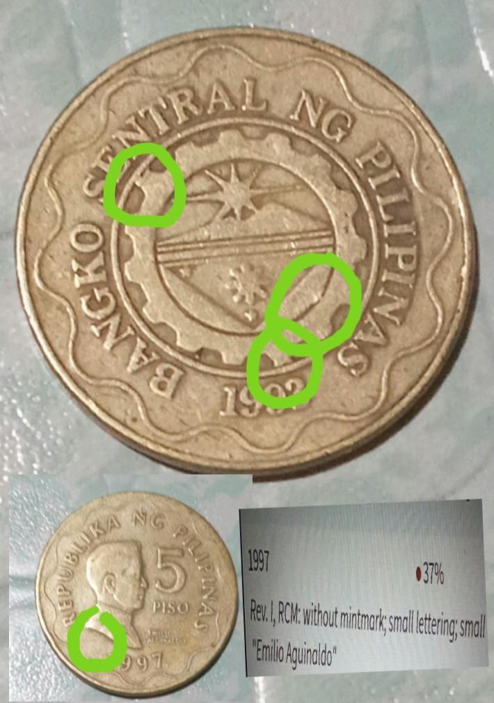5peso 97 error coin (Category: Currency) located in Paranaque City. Submitted by agacer49-42612 (Listing ID 1180973554, Image 2). Description: 5peso 97 error coin no mint mark.