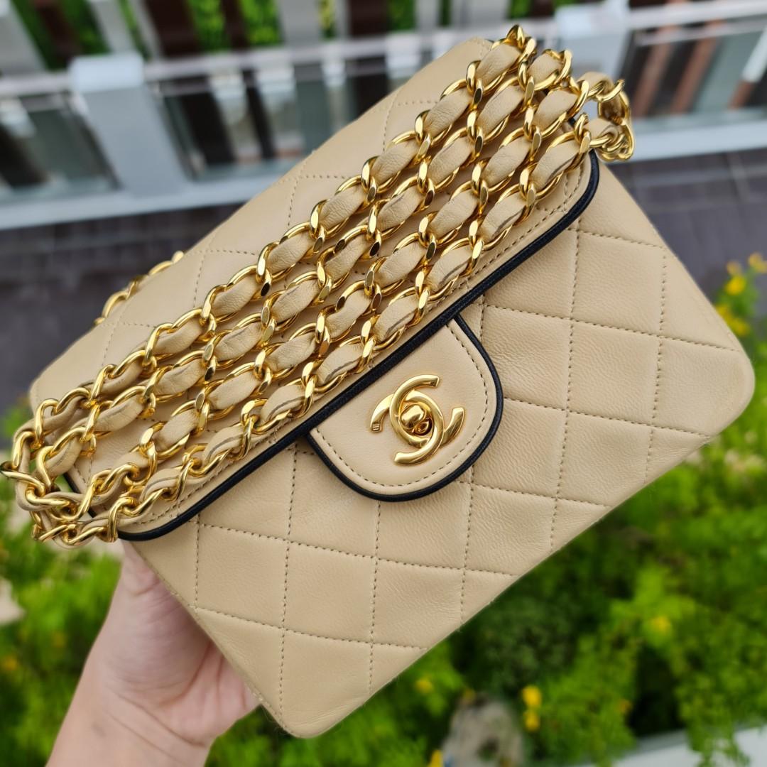 Chanel Beige Pearl Crush Square Mini Flap Antique Gold Hardware