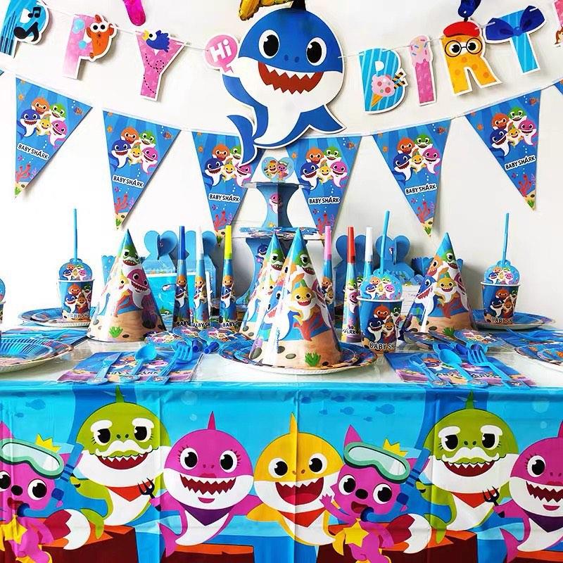Blue Baby Shark Happy Birthday Party Set Celebration Backdrop Prop