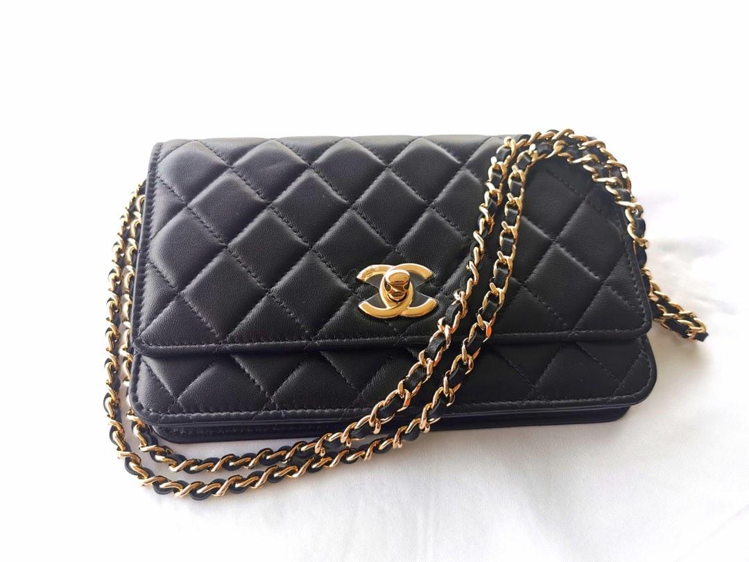 Chanel Black Quilted Lambskin Wallet on Chain Woc Brushed Gold and Silver Hardware (Very Good), Womens Handbag