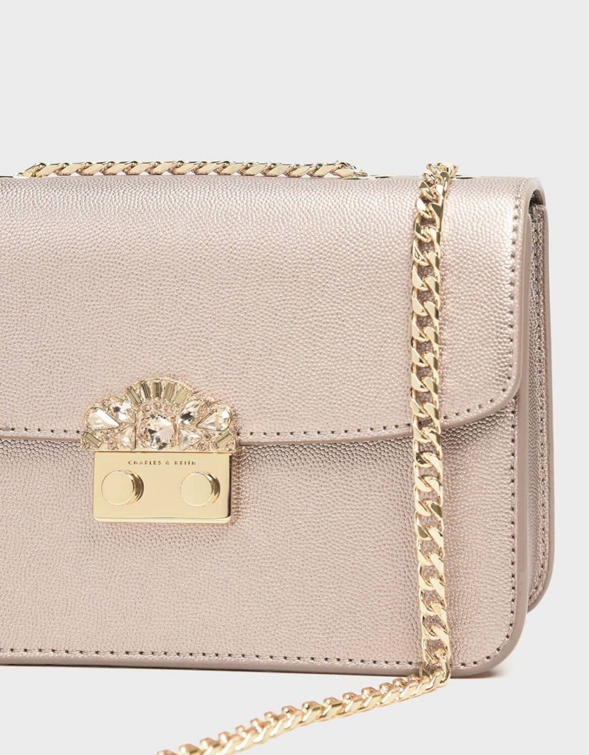 Charles Keith Embellished Push Lock Clutch Rose Gold