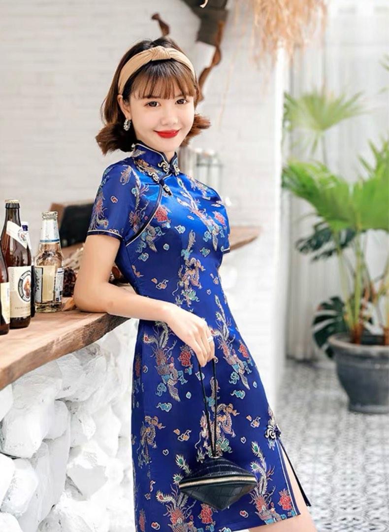Cheongsam Dress - Blue with Gold, Women's Fashion, Dresses & Sets,  Traditional & Ethnic wear on Carousell
