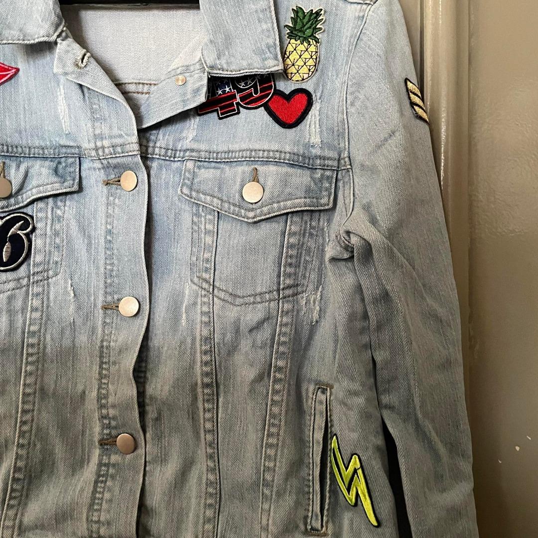 Dotti Distressed Light Wash Denim Jacket with Patches, Women's Fashion