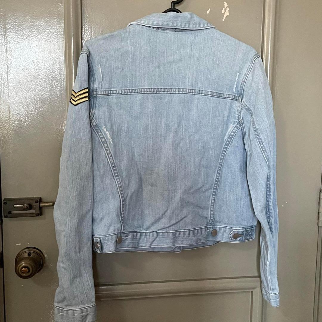 Dotti Distressed Light Wash Denim Jacket with Patches, Women's Fashion