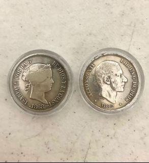 Fil Spanish 50 Cents Silver Coin Set - 1868 Isabel and 1882 Alfonso XII