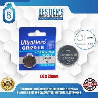 LITHIUM BATTERY CR2016 3V, ULTRAHERO, 1.6x20mm DIAMETER, BEST FOR CALCULATOR, WATCHES, ELECTRONICS