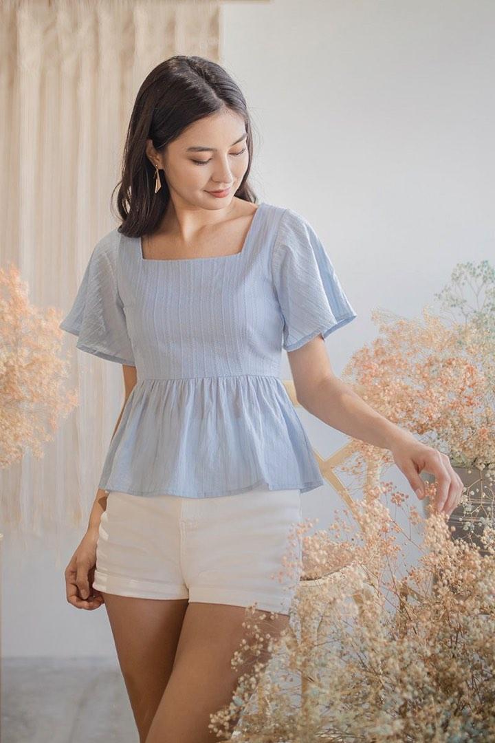 Lovet Meygan Peplum Babydoll Top Light Summer Blue Women s