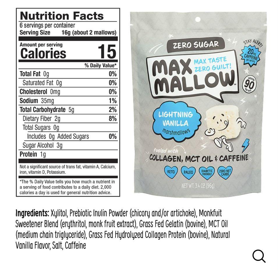 最後兩包)Max Sweet 無糖棉花糖雲呢嗱味添加咖啡因96g 糖尿病生酮友好