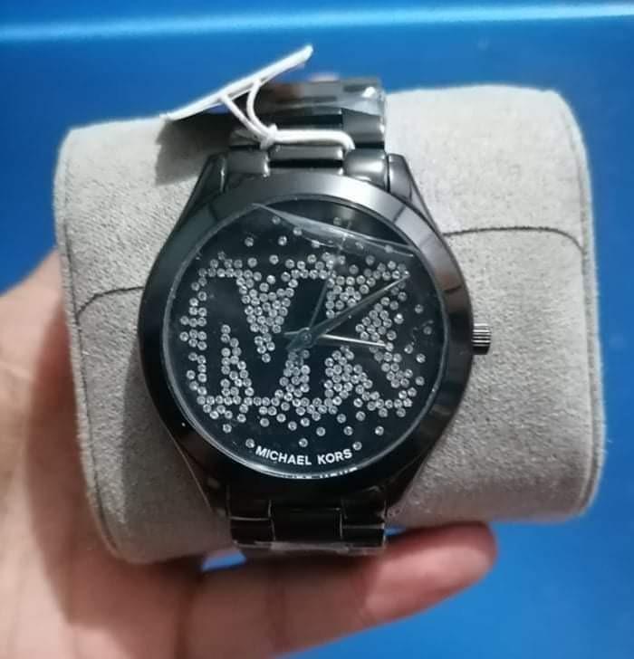 Michael Kors Womens Slim Runway Logo Glitz Black Stainless Steel Watch ...