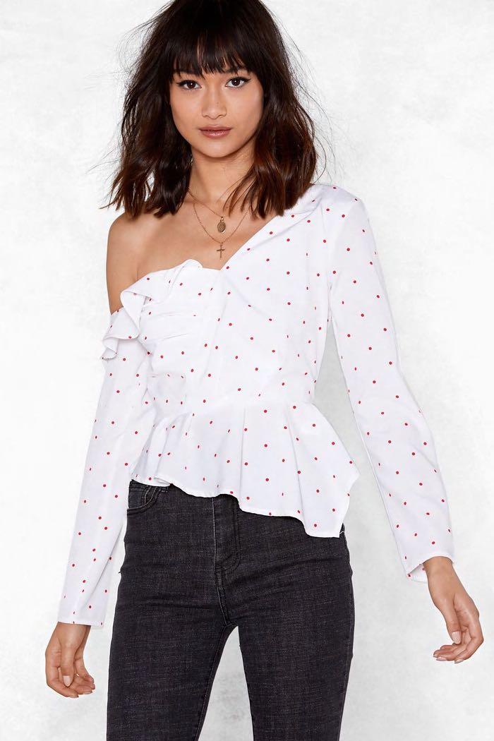 NastyGal Polka Dot One Shoulder Blouse Women s Fashion Tops Blouses on Carousell