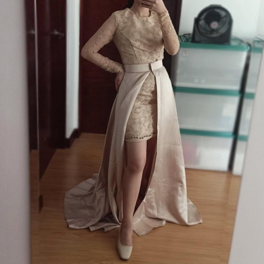Nude Beige Lace Long Dress Gown (Detachable Skirt), Women's Fashion,  Dresses & Sets, Evening dresses & gowns on Carousell