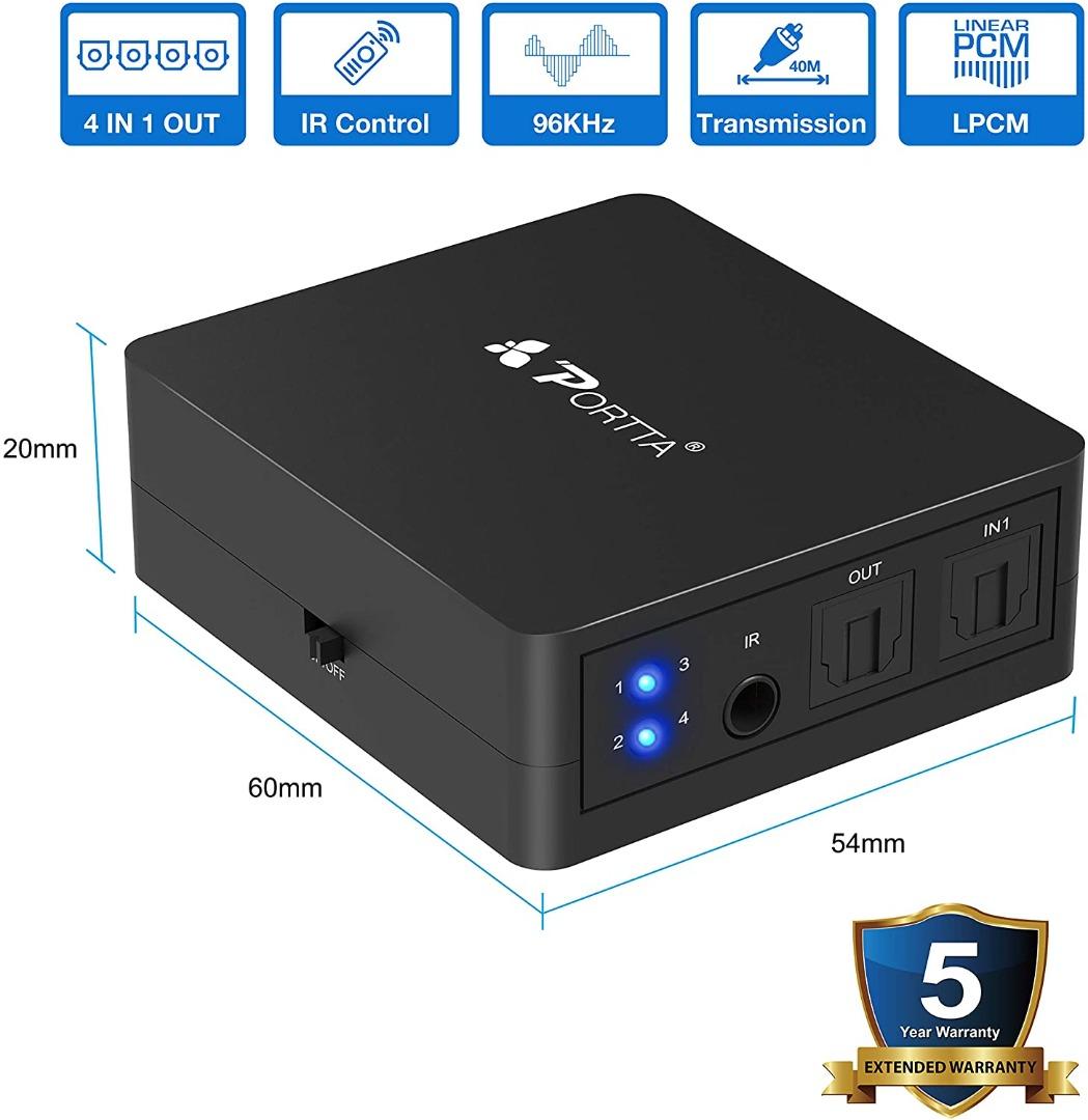Portta Digital Optical Audio Switcher 4x1 SPDIF Toslink Switch Box with ...