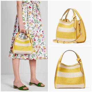 Kate Spade Sunglow Multi Buddie Striped Straw Small Tote Yellow + Zip Pouch