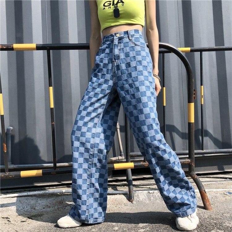 y2k checkered denim jeans