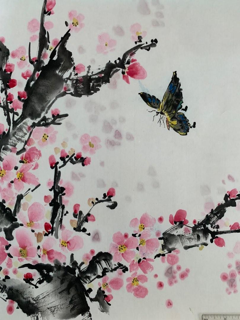 中国美術・純手描き・四条屏・梅兰竹菊画芯・水彩画・啓功印款 中国美術・純手描き・四条屏・梅兰竹菊画芯・水彩画・啓功印款