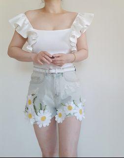 夏日清爽 高腰 花朵 牛仔短褲