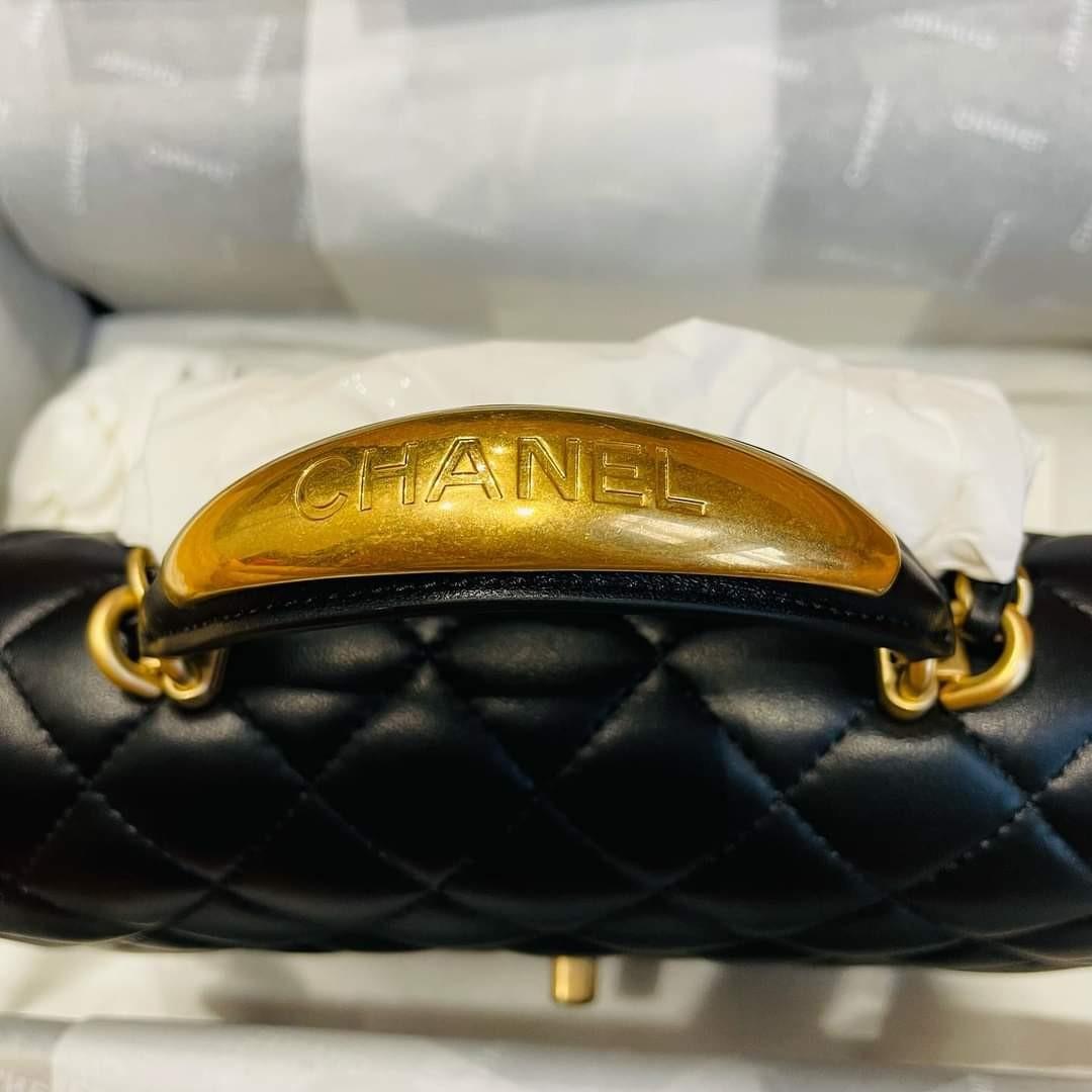 Chanel Small Flap Bag With Wenge Wood Top Handle Lambskin Ghw