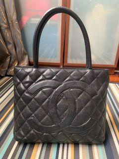 Chanel Vintage Black Quilted Caviar Timeless Medallion Tote Silver