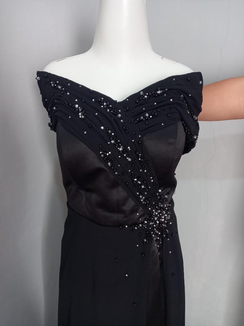 Dres Pesta Warna Hitam Bahan Tafeta dan Sifon, Fesyen Wanita, Pakaian