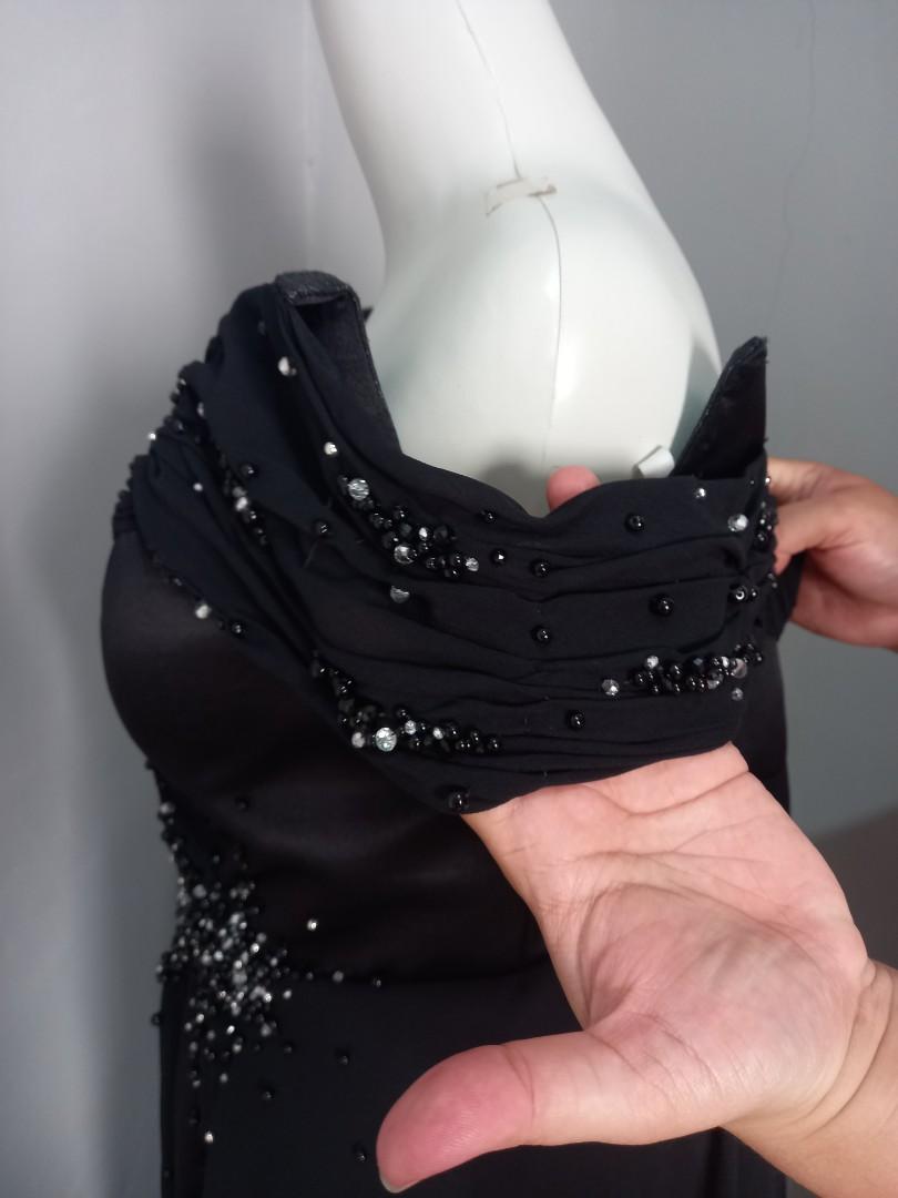 Dres Pesta Warna Hitam Bahan Tafeta dan Sifon, Fesyen Wanita, Pakaian