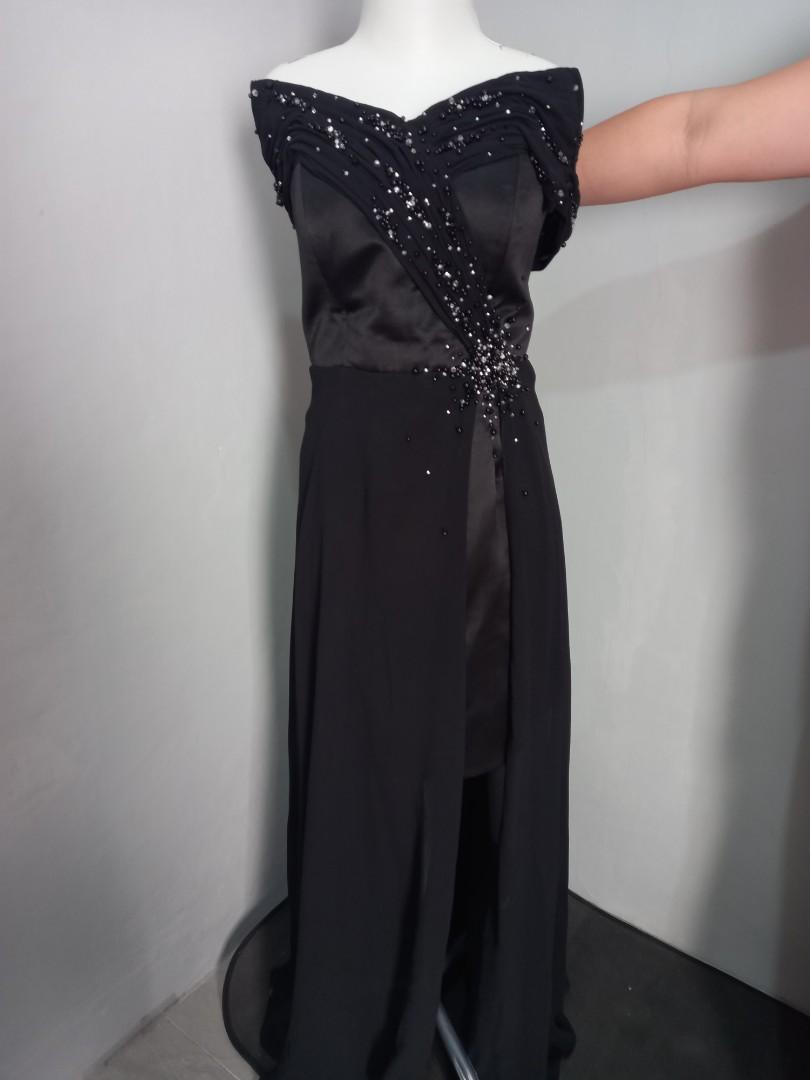 Dres Pesta Warna Hitam Bahan Tafeta dan Sifon, Fesyen Wanita, Pakaian