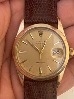 FS/FT/Layaway Payment Option: Rolex Oyster Date Precision Gold Cap Manual Winding  Ref. 6694 circa 1960's up acrylic glass  34mm case size  Unisex Unit and presentation box, light and dark brown bracelet (aftermarket)