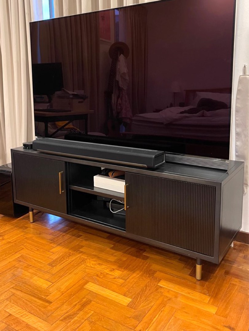 Gun Metal TV Console with Gold Handles and Legs, Furniture & Home