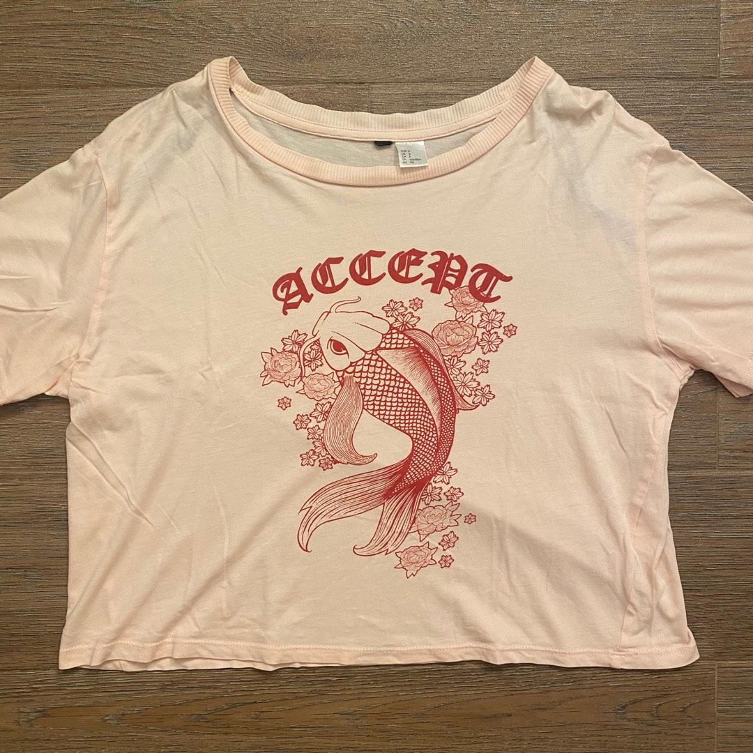 H M Light Pink Accept Koi Fish Crop Top Tee Shirt