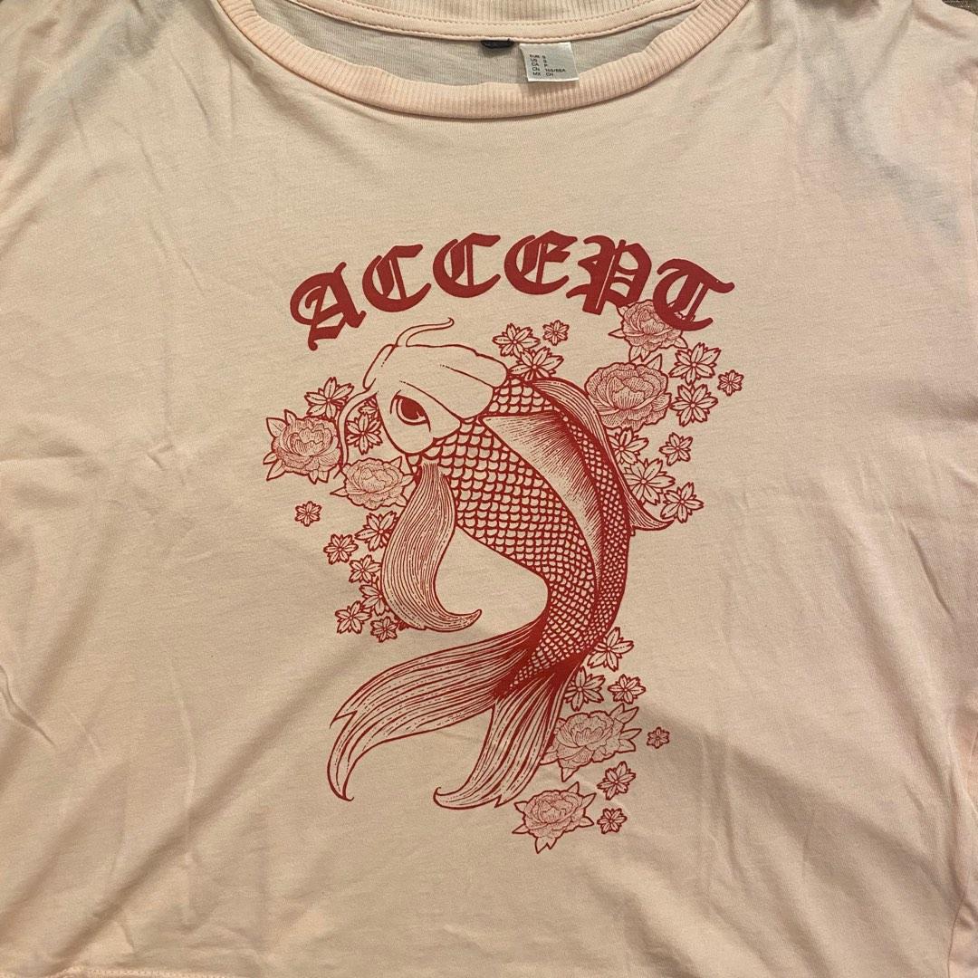 H M Light Pink Accept Koi Fish Crop Top Tee Shirt