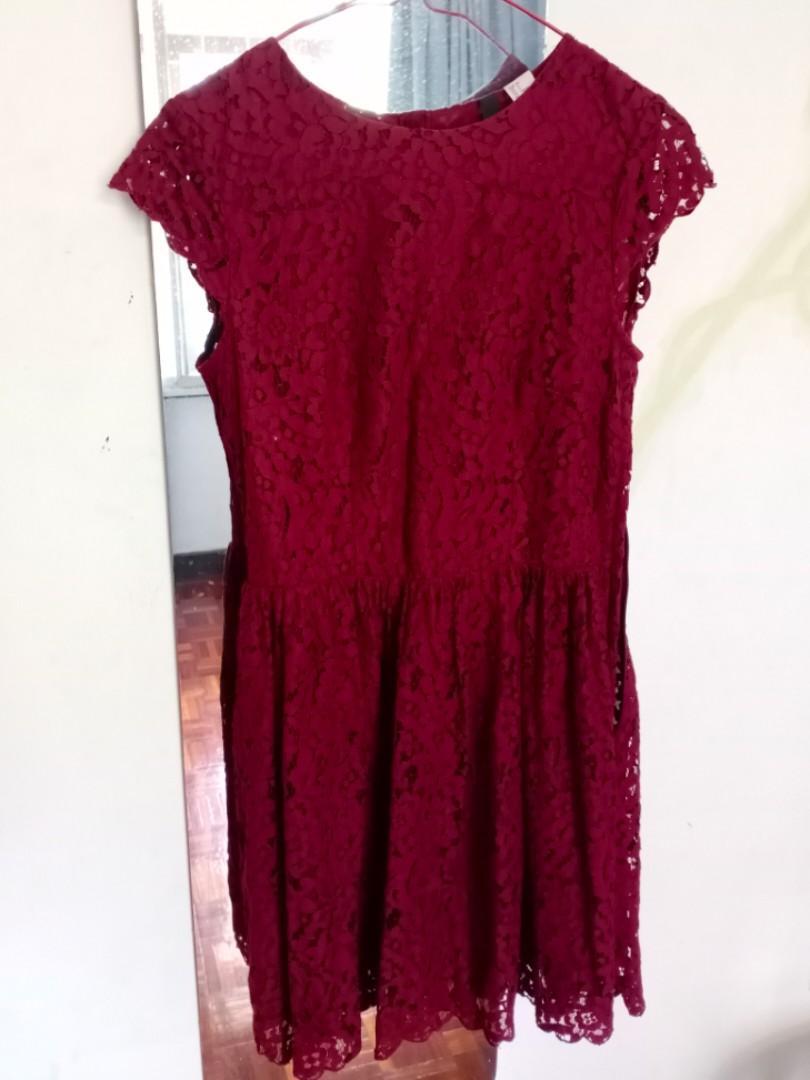 H M maroon burgundy lace skater dress Women s Fashion Dresses