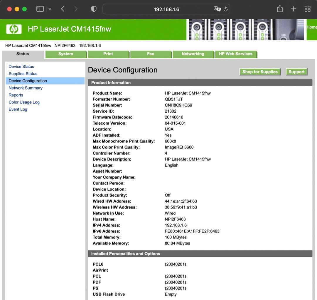 HP Laserjet Pro CM1415fnw Color MFP Laser printer with almost new