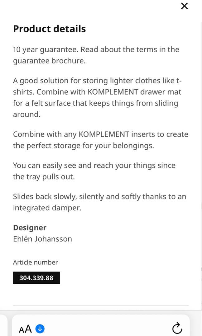 IKEA Komplement Pullout tray, white, 50x35 cm, Furniture & Home Living