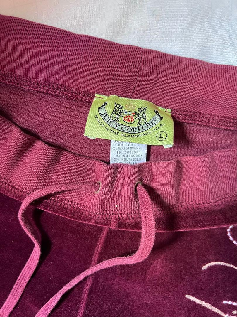 Juicy Couture maroon velvet pants (Category: Other Bottoms) located in Rizal, Mindoro Occidental. Submitted by pingket (Listing ID 1179370423, Image 2). Description: Message me for ww Rfs: decluttering - Low waist Size: L (can fit medium) Length: 38.5.