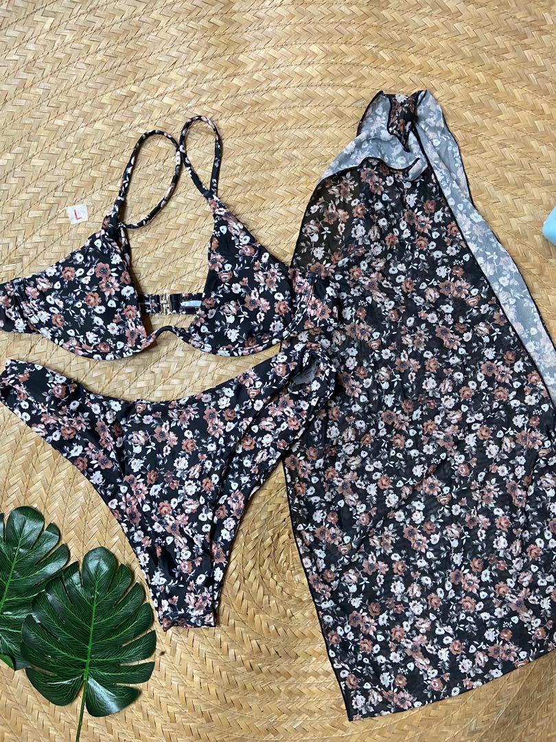 Large shein 3in1 with cover up floral underwire swimsuit swimwear ...