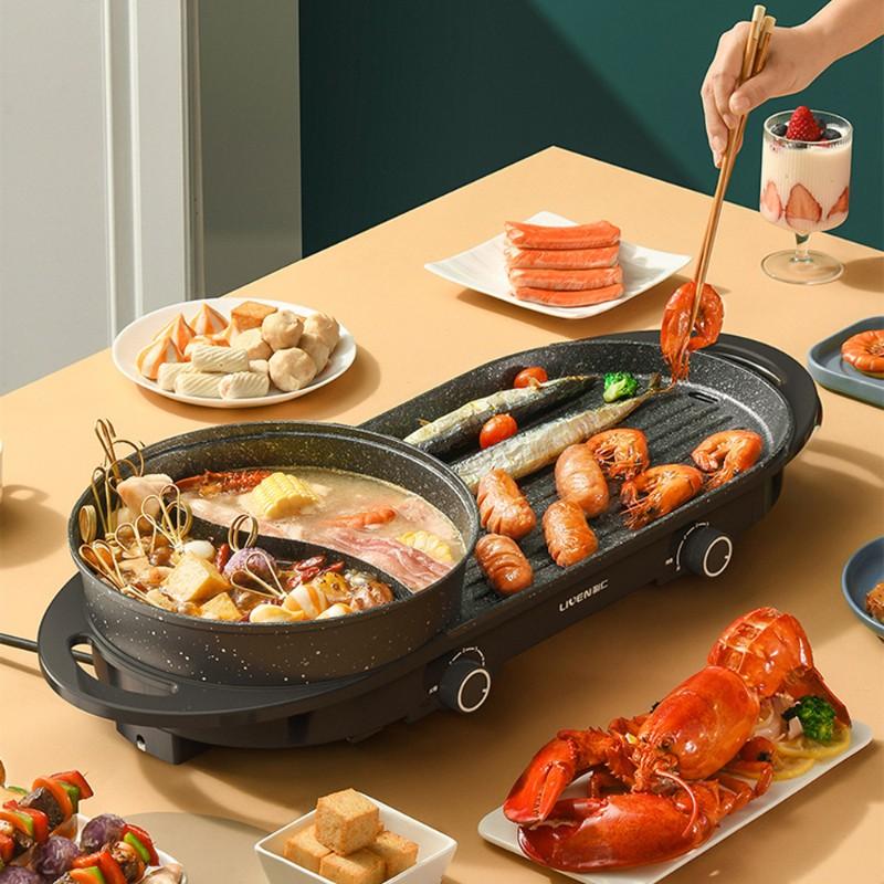 Original Xiaomi Youpin LIVEN Electric Shabu Shabu Hot Pot with BBQ SK-J3201  Multifunctional Electric Grilled Dual-Purpose Pot, CN Plug(Black)