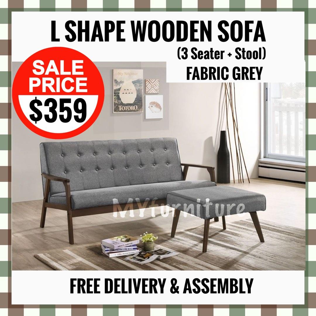 (MYFURNITURE) L SHAPE WOODEN SOFA (3 seater +stool), Furniture & Home