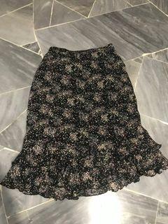 Vintage Chiffon black floral ruffle lettuce hem midi a line skirt Y2k fairy cottage core 