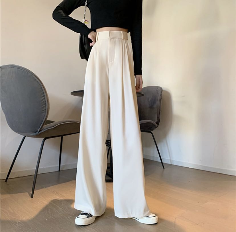 Beige Korean Pants Women 2026.Wide leg high waist korean pants, Women's Fashion, Bottoms, Other ...