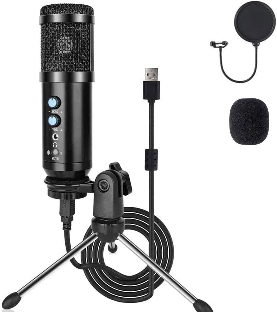 LiveStreaming with Mute Key USB Microphone Kit with Tripod Stand for PC/Laptop/Mac Recording Great for Gaming Echo/Volume Control Noise-Canceling Microphone for Computer Black Podcast 