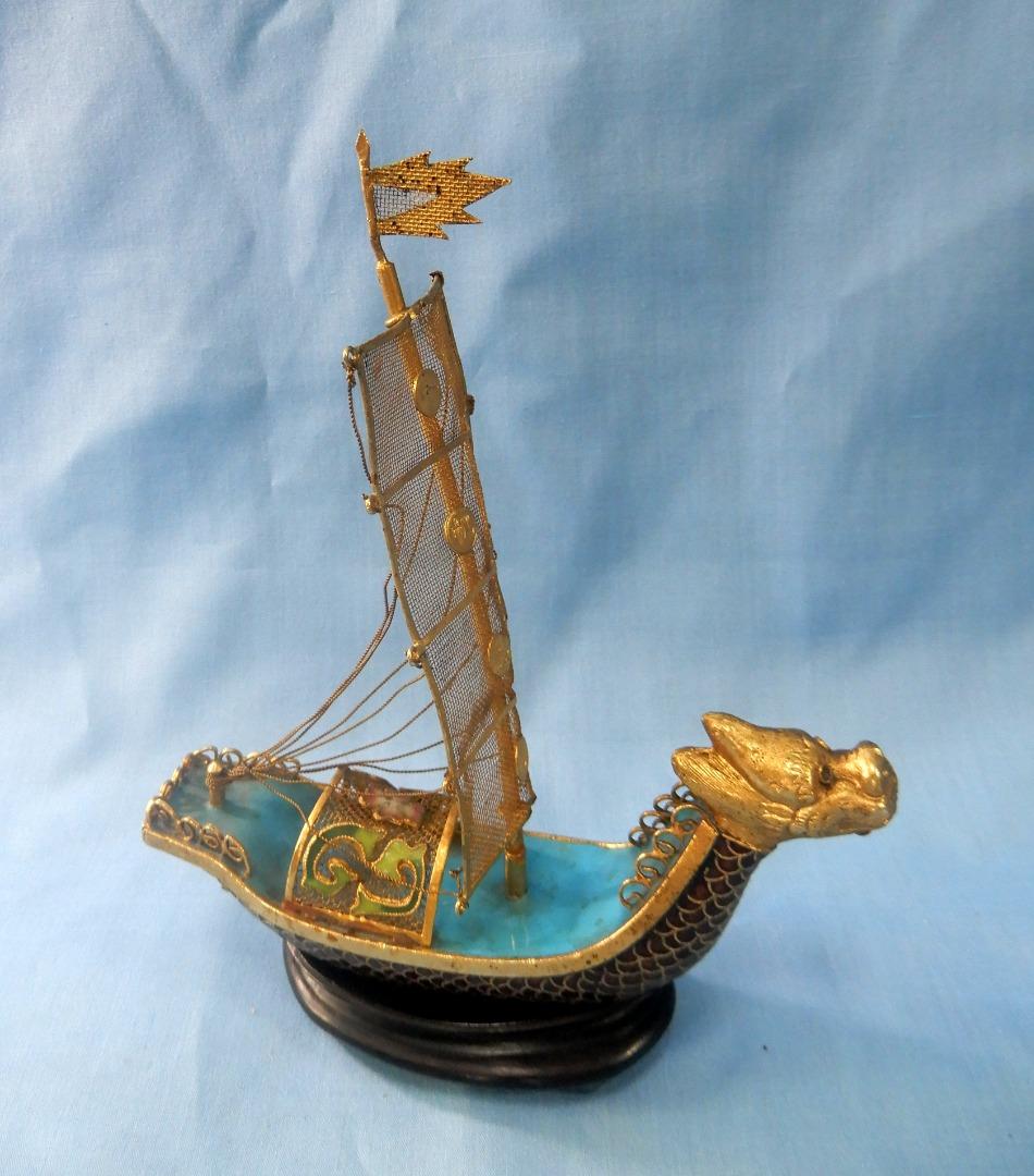 Antique rare Chinese cloisonne sailboatdragon head filigree sail circa ...